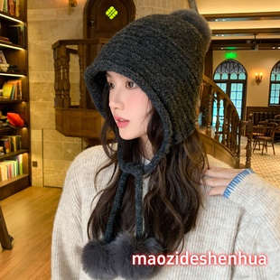 韩版加绒针织帽子女秋冬2025新款三毛球保暖护耳雷锋帽骑车滑雪帽