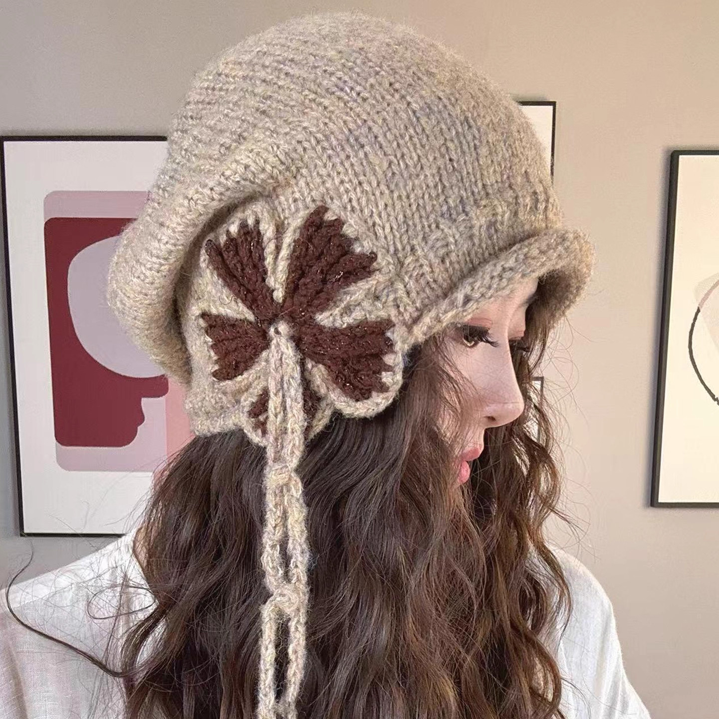 手工针织卷边毛线帽子女秋冬季保暖护耳堆堆帽防寒洋气流苏套头帽