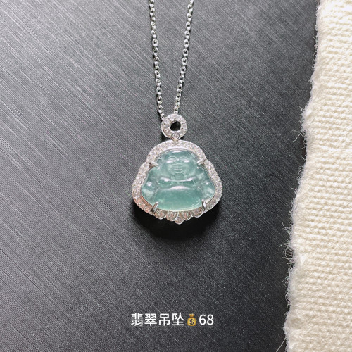 天然翡翠A货吊坠高冰种蓝水弥勒佛公玉石镶嵌男女通用款轻奢ins风