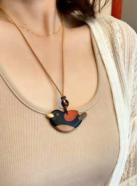 黑檀木小鸟项链手工拼接红木绿檀毛衣链百搭简约文艺森系休闲小众