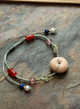 【心之所向】桃木平安扣手链手工编织绳细水晶珍珠女新中式文艺