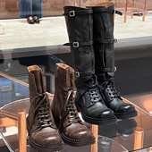 miu家新款 做旧真皮战损靴复古长筒靴牛仔靴皮带扣骑士靴短靴子女