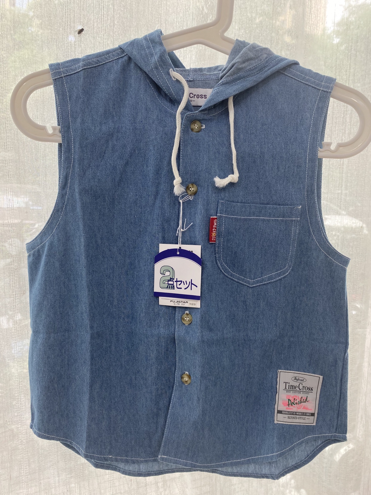 外贸出口原日单男女童100%棉牛仔马甲背心连帽外套130码2件包邮