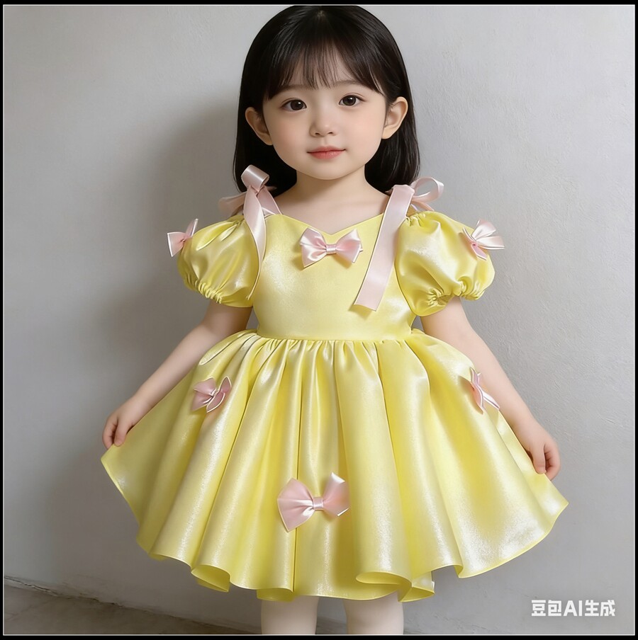 女童黄色泡泡袖连衣裙蝴蝶结公主裙洋气小童夏季蓬蓬裙