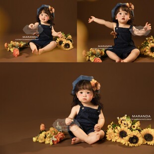 摄影服装 女童牛仔背带裤 套装 复古风亲子装 影楼拍照主题2026年新款