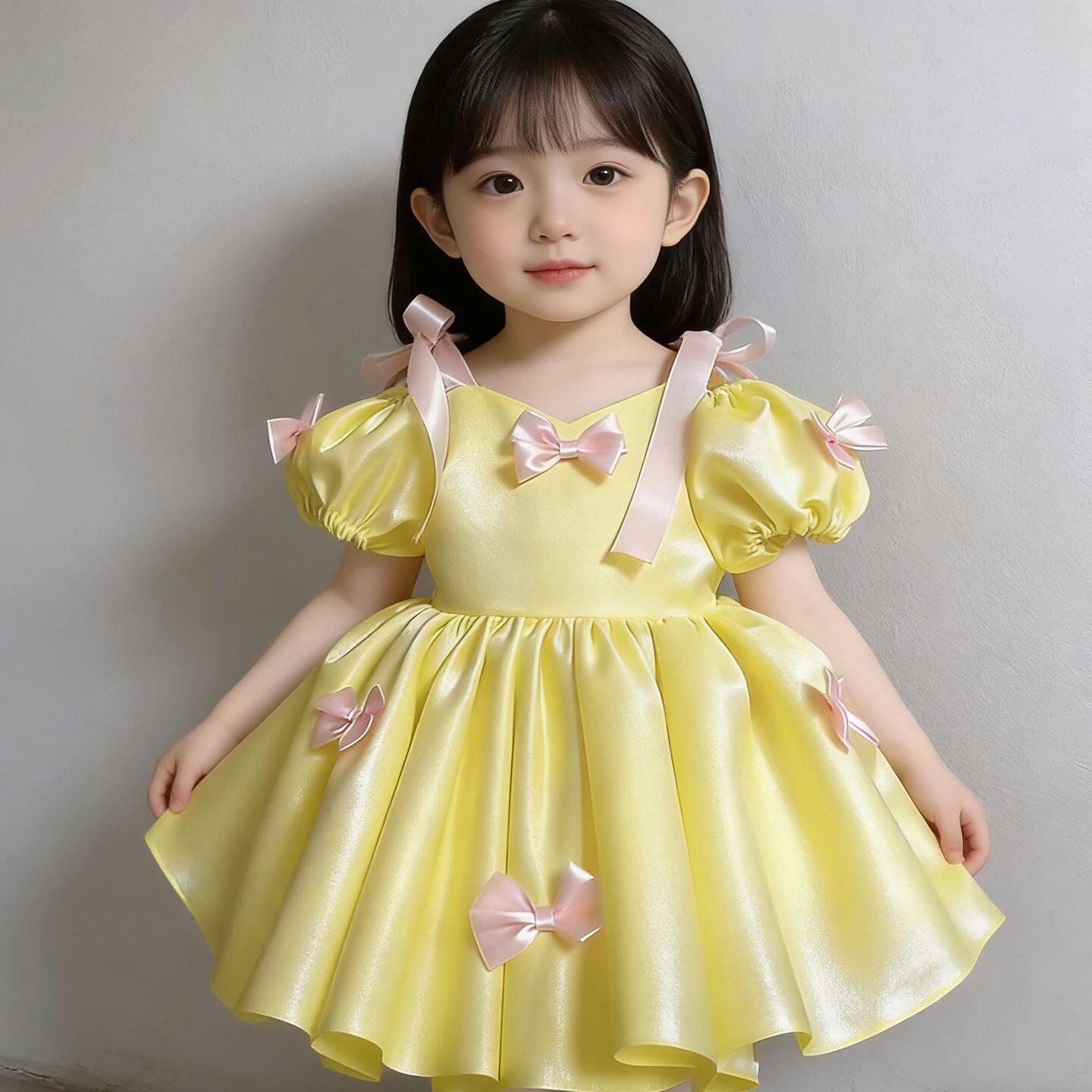 儿童摄影服装女童蝴蝶结连衣裙夏季新款小童公主裙洋气泡泡袖黄色