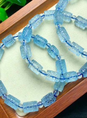 新品天然海蓝宝回纹桶珠单圈手链水晶手串女款蓝色礼物手串饰品