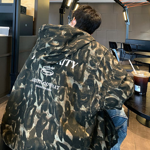 9630冬季 水洗棉迷彩连帽外套印花加棉加厚棉衣男保暖防寒潮男