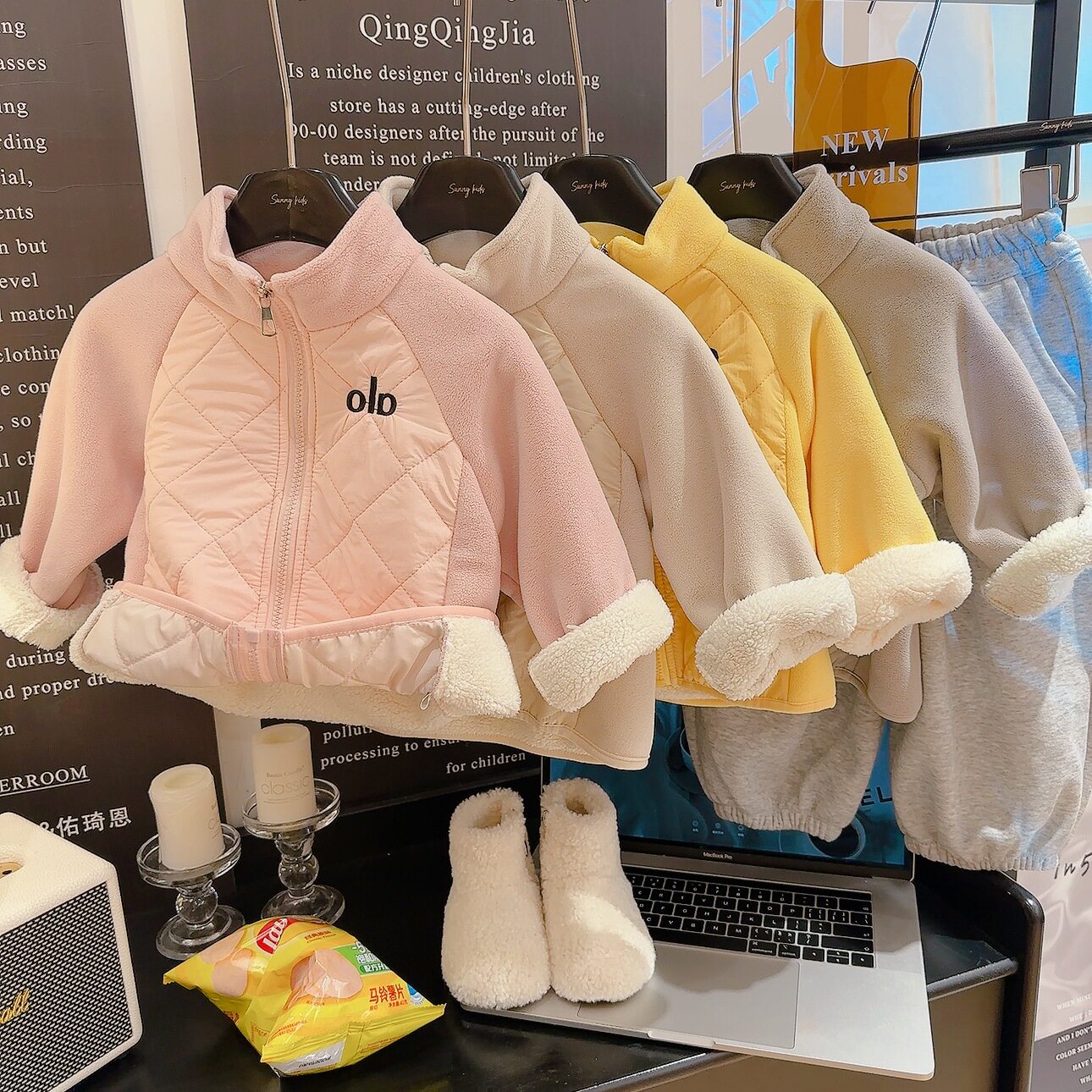 加厚男女儿童韩版olb字母奥粒绒加绒外套冬季宝宝拉链拼色上衣服