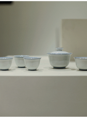 |梅似雪|《仿古双线》若深评审盖碗 茶杯景德镇白釉 整套茶具防烫