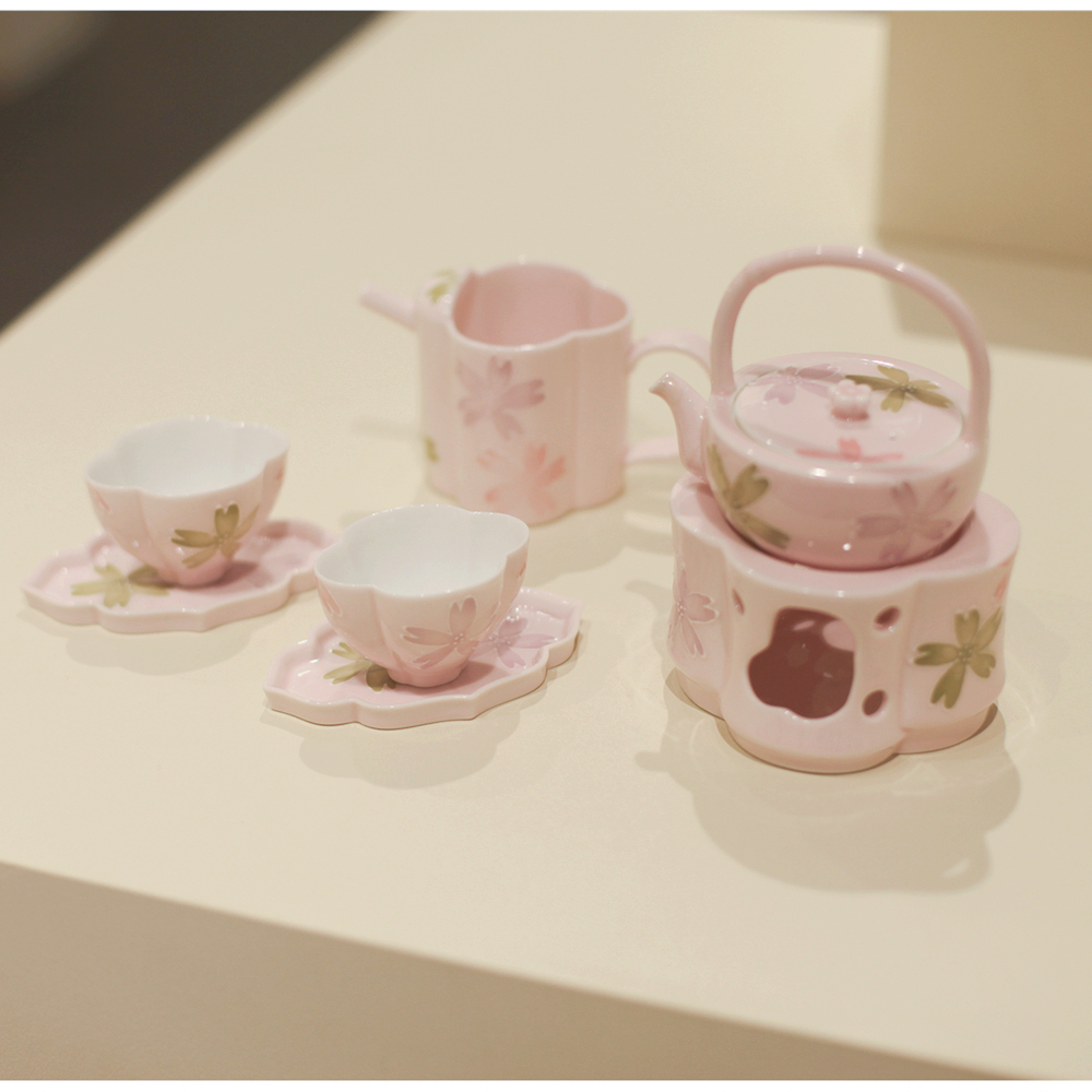 |勿念|《有田烧》一壶二杯 蜡烛加热茶壶提梁壶 粉色釉下手绘