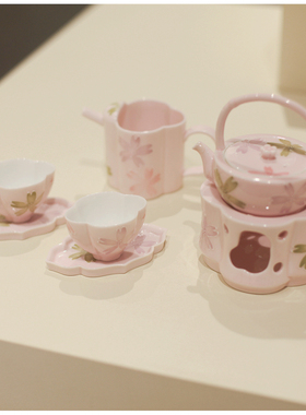 |勿念|《有田烧》一壶二杯 蜡烛加热茶壶提梁壶 粉色釉下手绘