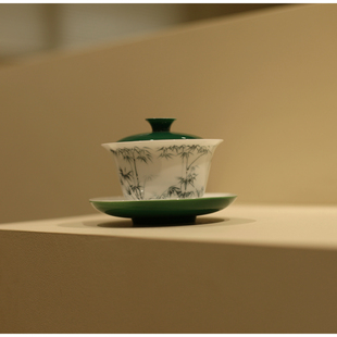 |竹叶绿|手绘竹逸三才盖碗釉下彩 绿色 防烫中式