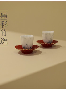 《墨彩竹逸》手绘竹叶菊瓣品茗杯 茶杯 客杯 白瓷 杯托茶杯