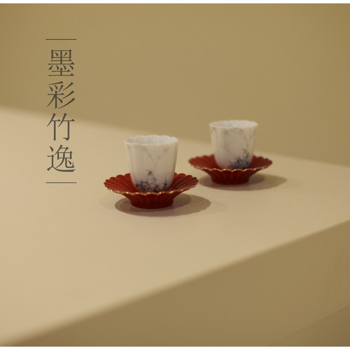 《墨彩竹逸》手绘竹叶菊瓣品茗杯 茶杯 客杯 白瓷 杯托茶杯