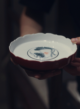 |宋青书院|《绛红》莲花壶承 高脚果盘 中式古典 手绘荷花 红色