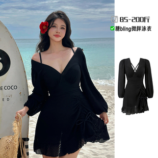 黑色大码 泳衣女微胖mm遮肉大胸钢托连体高级感绝美V领性感泡温泉