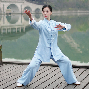 2023新款蚕丝麻双色扣翻袖太极服男女春秋太极拳练功服武术表演服