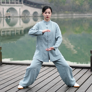 春夏季 式 太极服亚麻棉极服练功服道袍武术表演 方领小扣款 2023新款