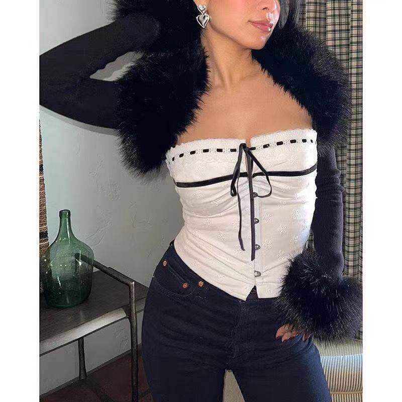 I.AM.GIA欧美性感辣妹蕾丝刺绣蝴蝶结裹胸镂空露腰抹胸