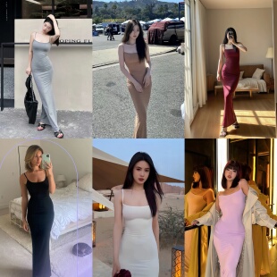 Skims卡戴珊易梦玲同款辣妹螺纹吊带连衣裙女露背显身材包臀裙