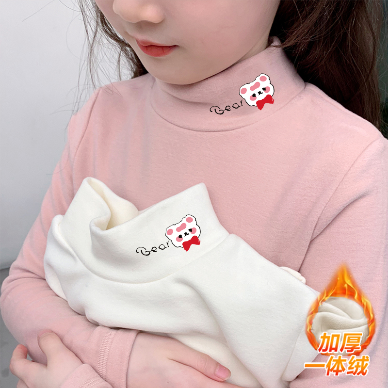 秋冬季女童可爱卡通T恤加绒加厚德绒保暖上衣儿童一体绒打底衫