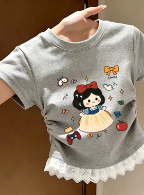 拼接洋气潮流2026舒适夏季蕾丝边灰色短袖T恤纯棉卡通女童新款潮