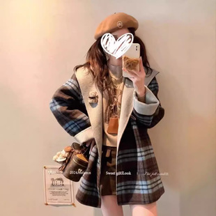 凡人歌殷桃章若楠同款格纹拼接双面尼大衣宽松双排扣羊毛外套女