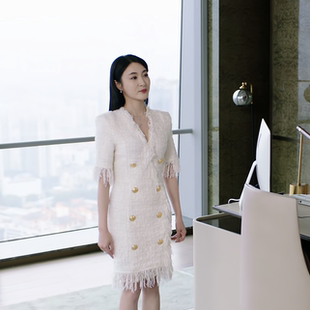 黑色月光卓慧云林夏薇同款亮丝毛呢流苏边双排扣v领修身连衣裙女