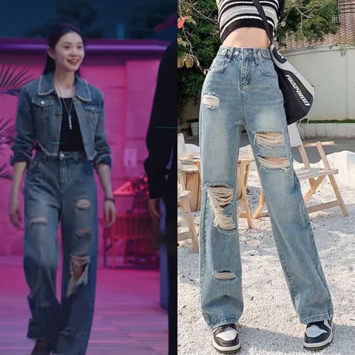 七根心简木代刘浩存同款宽松破洞高腰多扣可调直筒阔腿牛仔裤女