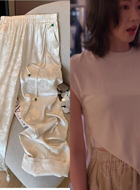 小日子顾茉莉童瑶同款缎面提花休闲裤女高腰垂感直筒阔腿裤松紧腰