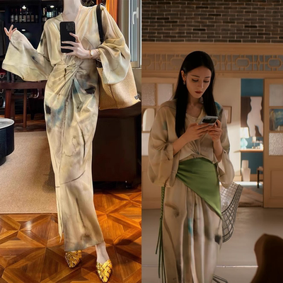 枭起青壤聂九罗迪丽热巴同款水墨晕染连衣裙子女夏法式漂亮掐腰裙