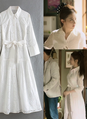 玫瑰的故事黄亦玫刘亦菲同款欧美风白色长袖刺绣迷笛长款连衣裙女