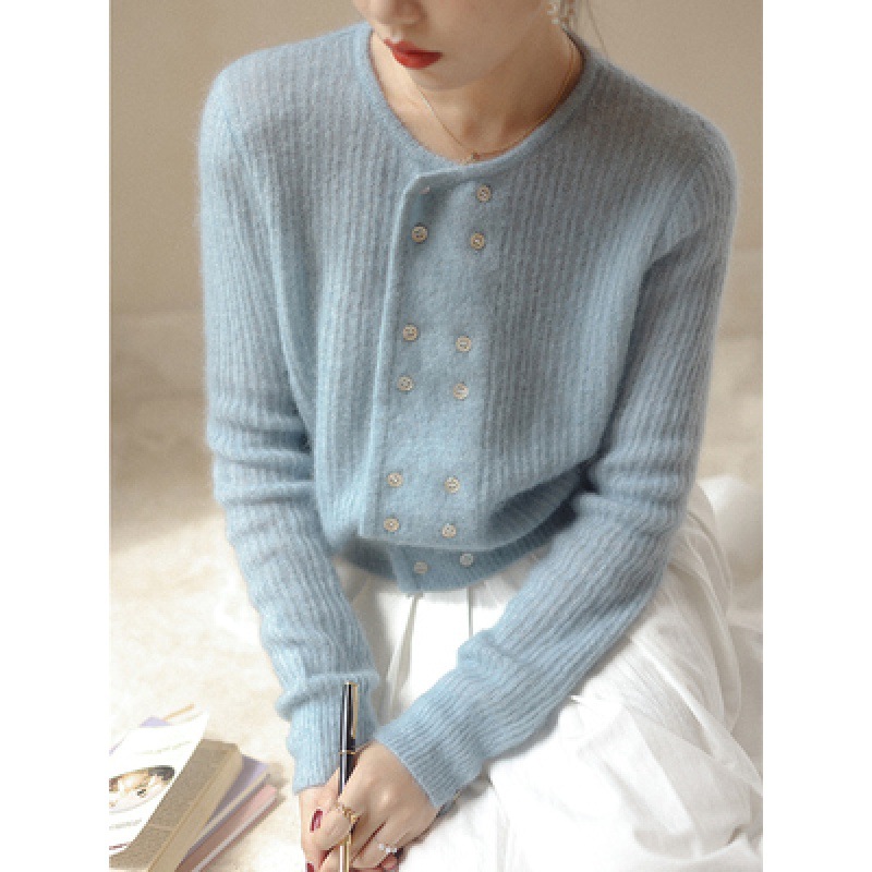 他为什么依然单身顾叶嘉朱珠同款圆领双排扣坑条宽松长袖针织毛衣
