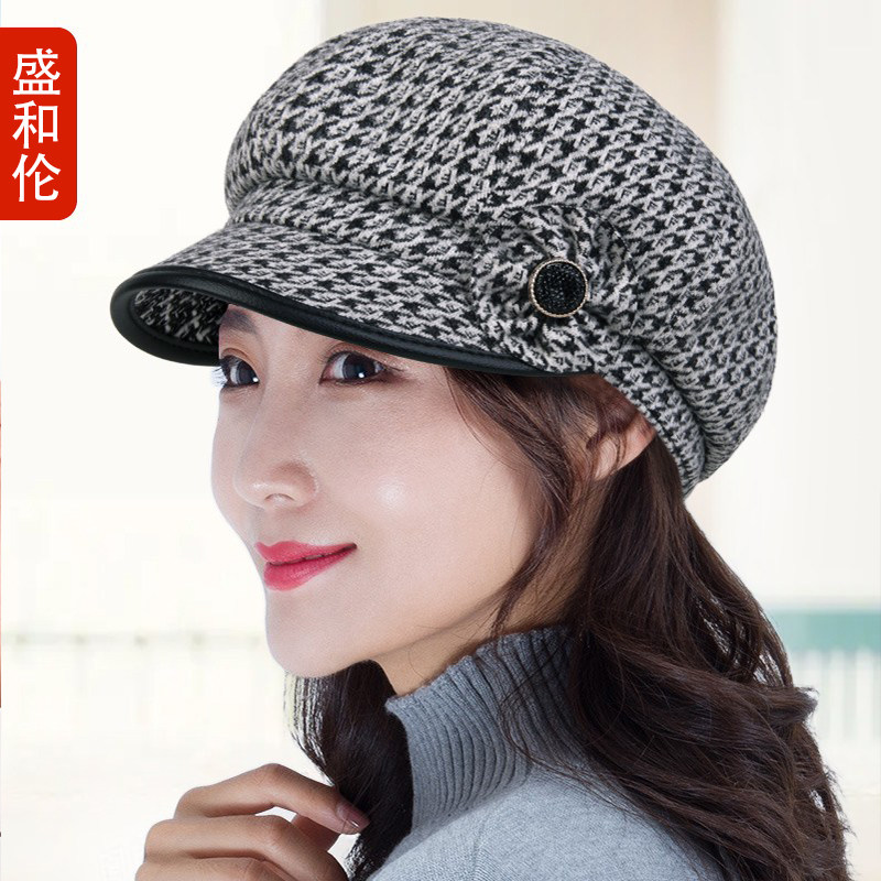 贝雷帽子女秋冬季加厚保暖毛呢八角帽韩版百搭千鸟格画家帽显脸小