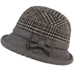 冬季中老年人帽子女士加厚毛呢妈妈盆帽春秋奶奶礼帽格纹潮渔夫帽