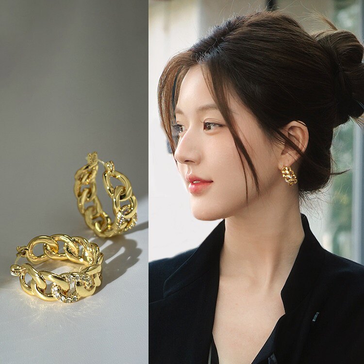 轻奢风金色圆圈耳环女几何链条纹耳钉高级感百搭气质耳饰