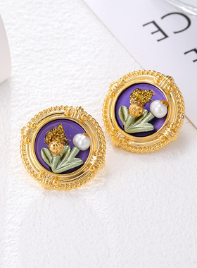 新款爆款中古珐琅彩紫郁金香耳环金色玫瑰花油画耳钉天然淡水珍珠