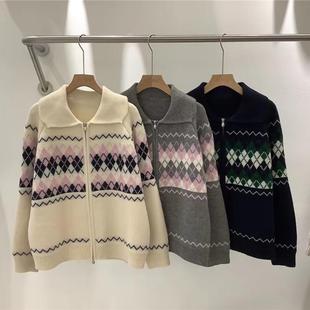菱格撞色复古提花双拉链针织开衫 宽松学院风毛衣外套 女秋冬季 新款