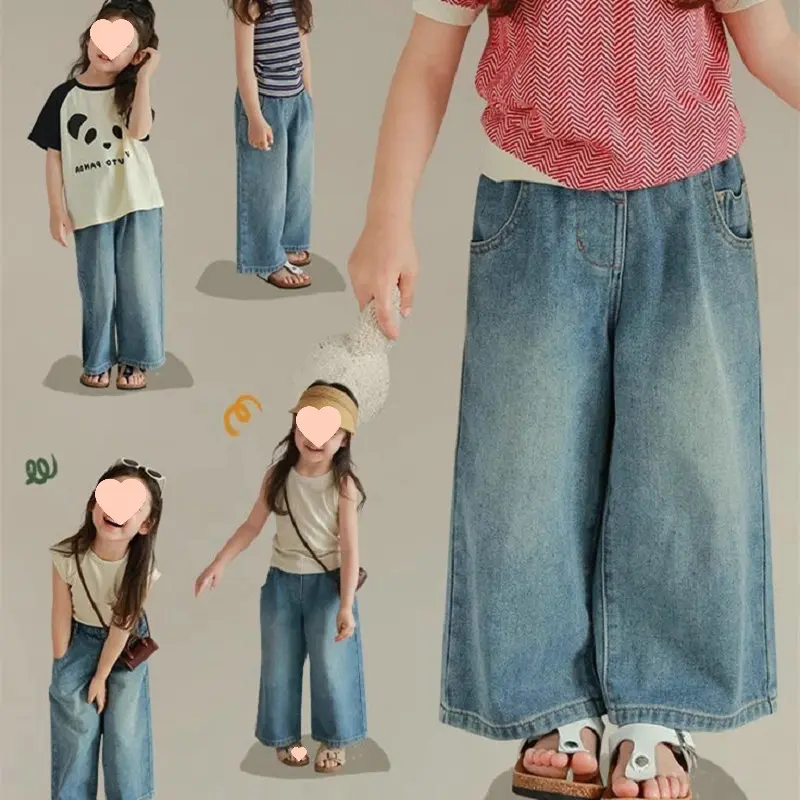 女童裤子宽松多口袋松紧腰牛仔裤阔腿裤25夏装新款外贸童装