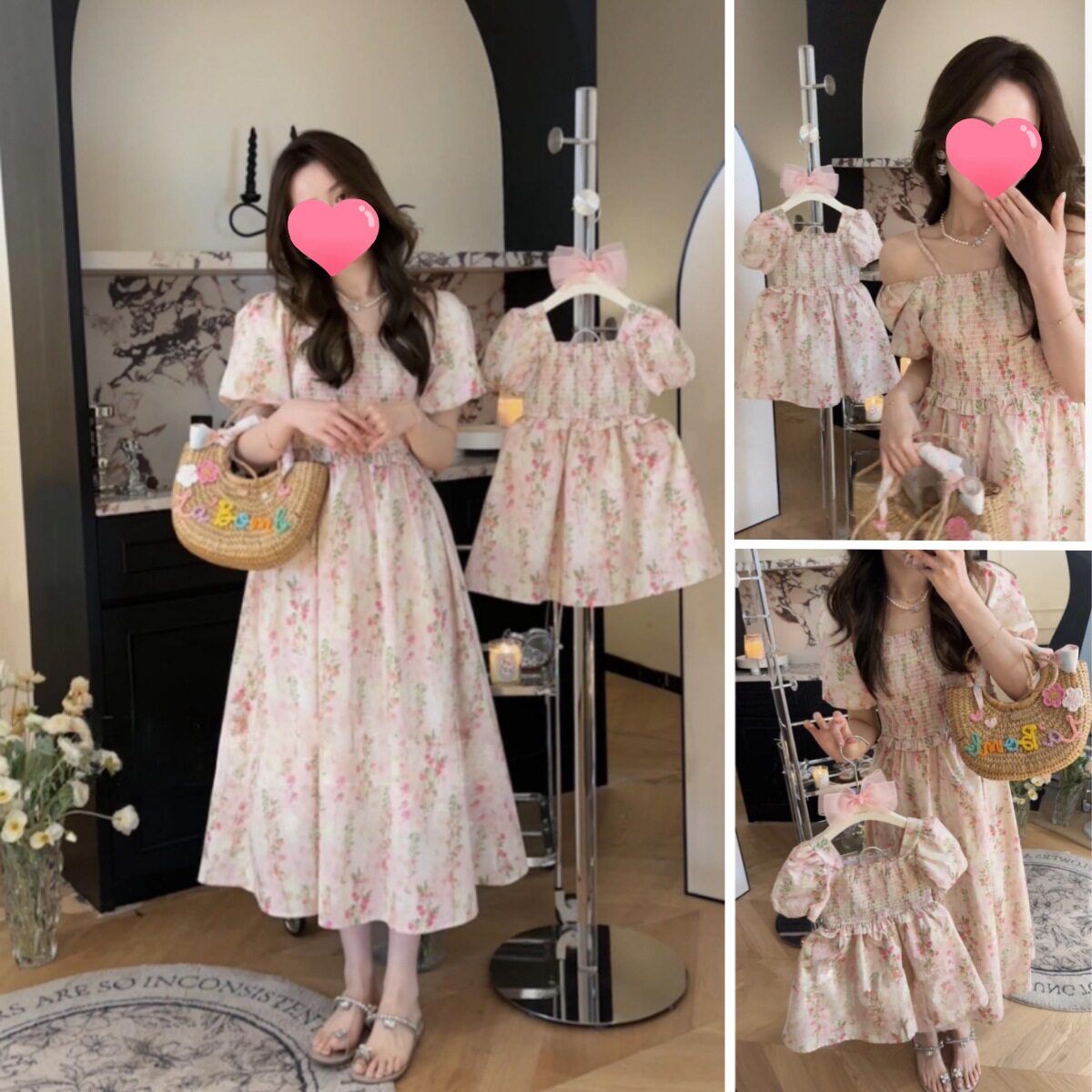 亲子装夏季新款碎花连衣裙甜美可爱童装裙妈妈同款母女装泡泡袖裙
