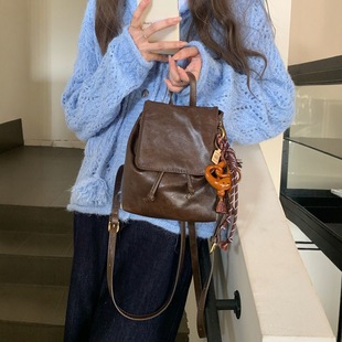 美式棕色皮纹小双肩包复古pu软皮质感百搭单肩包包通勤百搭小背包