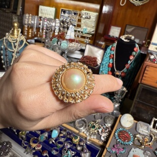西洋古董银器vintage中古首饰海外回流金色珍珠锆石戒指老钱风