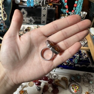 西洋古董银器vintage中古首饰海外回流几何蝴蝶纯银琥珀花珀戒指