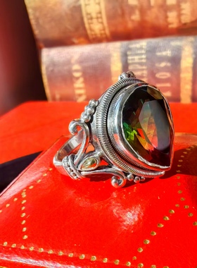 18k纯金珠镶嵌三色宝石925纯银精工戒指环中古首饰古着vintage