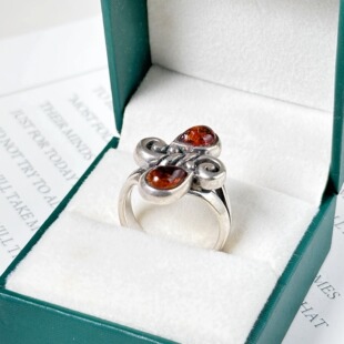 西洋古董银器vintage中古首饰海外回流复古纯银琥珀花珀戒指