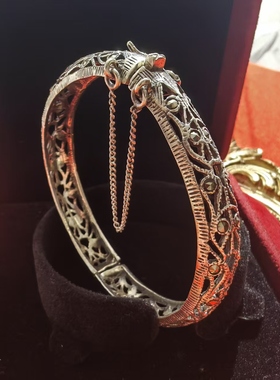 美国进口现货手工老银镂空手镯镶嵌马克塞石西洋中古首饰古着手环