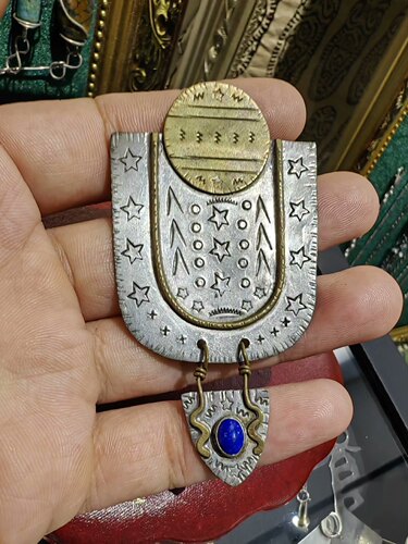 美国1898年新艺术风格时期Art Deco前期925纯银青金石手工大胸针