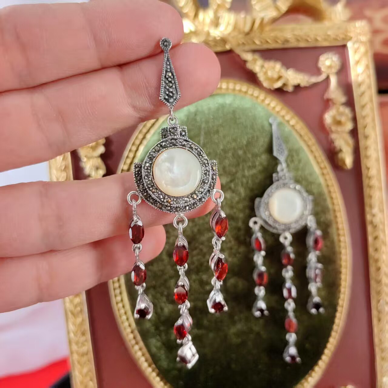 美国1920中古首饰ArtDeco时期马克赛手工925纯银宝石流苏耳钉耳环图片