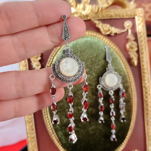 美国1920中古首饰ArtDeco时期马克赛手工925纯银宝石流苏耳钉耳环